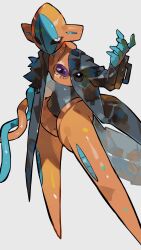  1other absurdres black_coat blue_skin bondrewd bondrewd_(cosplay) chest_jewel coat colored_skin commentary cosplay deoxys deoxys_(normal) english_commentary grey_background highres hiro_(yoshi_chan) lizard_tail made_in_abyss no_humans one_eye_in_shadow orange_skin partially_shaded_face pokemon pokemon_(creature) pokemon_focus simple_background solo tail thumbnail_collage 