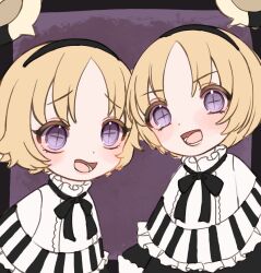  2girls black_bow black_bowtie black_hairband blonde_hair bow bowtie commentary_request cross-shaped_pupils hairband highres magical_girl mahou_shoujo_ikusei_keikaku mahou_shoujo_ikusei_keikaku_unmarked minael multiple_girls one-hour_drawing_challenge open_mouth qoo_1025 short_hair symbol-shaped_pupils violet_eyes yunael 