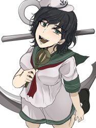  anchor anchor_symbol black_hair black_shoes breasts collared_shirt commentary_request green_eyes hat highres hishaku holding holding_ladle ladle medium_hair murasa_minamitsu neckerchief open_mouth red_neckerchief sailor_hat shirt shoes shorts sideways_hat simple_background smile socks touhou white_background white_hat white_shirt white_shorts white_socks youna_nan 