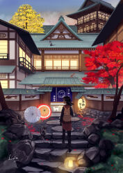  1girl architecture artist_name autumn backpack bag cat commentary_request dated dusk east_asian_architecture from_behind gable_roof highres inn kadukireia lantern maple_tree multiple_cats noren original outdoors parasol ryokan scenery signature stairs stone_stairs tile_roof tree umbrella window_light 