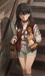  1girl absurdres bag baguette black_eyes black_hair bread choker desert_crow_(gold_can) earrings eyeshadow feet_out_of_frame food gold_can grey_shorts guns_n'_roses highres jacket jewelry long_hair looking_at_viewer makeup original paper_bag shorts shoulder_bag socks solo spiked_choker spikes stairs 