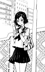  1boy backpack bag building closed_mouth commentary_request cowboy_shot crossdressing crossdressing_(mtf) fence greyscale hair_ornament handbag holding holding_phone male_focus miniskirt monochrome neckerchief phone pleated_skirt sailor_collar school_bag school_uniform science_adventure serafuku short_hair short_sleeves skirt skull_hair_ornament solo standing steins;gate striped_blush uehasu_(drill'n_girl) urushibara_luka 