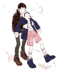  2boys beanie black_hair black_jacket blue_jacket closed_eyes full_body hat highres jacket kuma_yoyoyo long_sleeves male_focus mittens multiple_boys open_clothes open_jacket pants pom_pom_(clothes) pom_pom_beanie puff_of_air sabi_no_yume short_hair shorts simple_background sweater_vest takanori_shindou toshio_(sabi_no_yume) white_background winter_clothes 