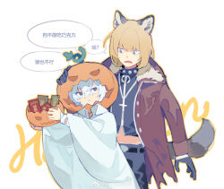  absurdres animal_ears black_collar black_gloves black_shirt blonde_hair blue_eyes candy chinese_commentary chinese_text coat collar commentary_request cross death_note food gloves grey_eyes halloween halloween_bucket halloween_costume hand_on_another's_head highres holding jack-o'-lantern jacket jewelry long_sleeves looking_at_another mello_(death_note) near_(death_note) necklace nomi_tongxue open_clothes open_jacket open_mouth pants pumpkin pumpkin_hat shirt short_hair simple_background speech_bubble tail white_background white_hair wolf_boy wolf_ears wolf_tail 