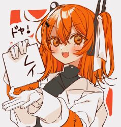  :d a.i._voice adachi_rei black_shirt blush cardiogram_print character_signature commentary_request cowlick double-parted_bangs gloves hair_between_eyes hair_ornament hair_ribbon hairclip headlamp highres holding holding_paper jacket medium_hair open_mouth orange_background orange_eyes orange_hair paper radio_antenna ribbon shirt side_ponytail smile tsutanasi upper_body utau white_background white_gloves white_jacket white_ribbon 
