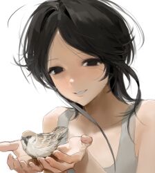  1girl absurdres aegyo_sal asymmetrical_hair bare_shoulders bird bird_on_hand black_eyes black_hair camisole chinese_commentary commentary_request empty_eyes eurasian_tree_sparrow grey_camisole highres loose_hair_strand medium_hair messy_hair nenekk_nenek original palms parted_bangs parted_lips simple_background smile sparrow white_background 