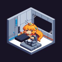  1girl animated animated_gif blonde_hair blush bread closed_eyes commentary_request conveyor_belt crown eating erpin_(trickcal) food full_body isometric long_hair looping_animation open_mouth pixel_art solo tonchamon_san trickcal 