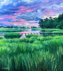  artist_name clouds cloudy_sky commentary english_commentary grass highres kate_avery no_humans original outdoors purple_skirt river scenery signature skirt sky tree 