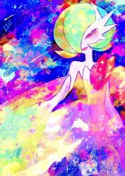  1girl dress gardevoir highres mega_gardevoir mega_pokemon open_mouth otonoha_aika pokemon pokemon_(creature) pokemon_focus smile solo sparkle star_(symbol) white_dress 