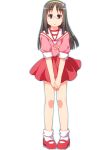  brown_eyes brown_hair dress expressionless glasses long_hair mahou_no_yousei_persia mary_janes minakami_mai nichijou persia persia_(cosplay) red_dress sayousuke shirt shoes skirt solo v_arms v_eyes white_background 