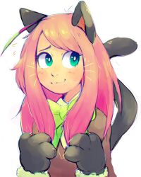  1girl animal_ears animal_hands bow bright_pupils brown_sweater cat_ears cat_paws cat_tail closed_mouth drawn_whiskers flying_sweatdrops green_bow green_eyes hashimoto_nyaa long_hair nervous_sweating osomatsu-san osomatsu_(series) pink_hair pkbunny smile solo sweat sweater tail very_long_hair white_pupils 