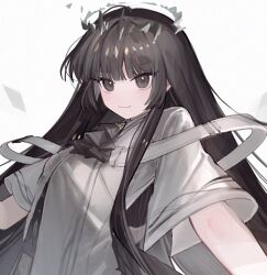  1girl arknights ascot black_ascot black_eyes black_hair blunt_bangs buckle detached_wings halo long_hair sakana_clo shirt short_sleeves sidelocks smile straight_hair upper_body virtuosa_(arknights) white_background white_shirt wings 