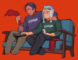  2boys alcohol ayataka_(tmtayata) beanie beer closed_mouth commentary_request contemporary controller couch cropped_legs earflap_beanie facial_hair goatee_stubble golden_kamuy green_shirt happy hat holding holding_towel koito_otonoshin male_focus multiple_boys on_couch open_mouth orange_background purple_shirt remote_control sapporo_beer shirt sitting stubble towel tsukishima_hajime watching_television 