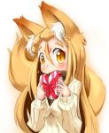  1girl animal_ears blonde_hair blush breasts fox_ears fox_tail long_hair looking_at_viewer simple_background solo tail ukan_muri valentine very_long_hair white_background yellow_eyes 