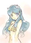  bikini_top blue_eyes blue_hair horns long_hair looking_at_viewer lum navel open_mouth sketch solo ueda_ryou urusei_yatsura white_background 