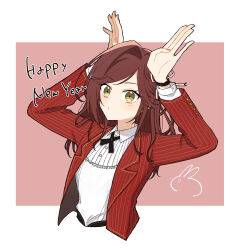  1girl arms_up blush border brown_background brown_eyes brown_hair chinese_zodiac closed_mouth cropped_torso happy_new_year highres jacket long_fingers long_sleeves mtkignsn open_clothes open_jacket pinstripe_jacket pinstripe_pattern puffy_long_sleeves puffy_sleeves red_jacket rosa_(tears_of_themis) shirt solo tears_of_themis upper_body white_border white_shirt year_of_the_rabbit 