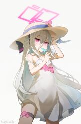 1girl absurdres adjusting_clothes adjusting_headwear alternate_costume arm_up artist_name bare_arms bare_shoulders black_bow blue_archive blue_ribbon bow breasts chinese_commentary closed_mouth collarbone commentary_request cowboy_shot dot_nose double-parted_bangs dress eating flower flower_thigh_strap food food_in_mouth hair_between_eyes hair_bow half_updo halo hand_up hat hat_flower hat_ribbon highres holding holding_food holding_popsicle kei_(blue_archive) long_hair long_hair_between_eyes looking_at_viewer loosely_tucked_bangs magic0daily making-of_available medium_dress melting_popsicle multi-source_commentary pink_bow pink_eyes pink_halo pink_pupils popsicle popsicle_in_mouth rectangular_halo ribbon ringed_eyes simple_background sleeveless sleeveless_dress small_breasts small_sweatdrop solo standing strap_slip sun_hat sundress thigh_strap underbust waist_bow white_background white_dress white_hair yellow_hat 