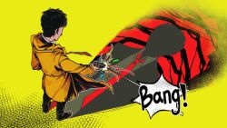  1boy adachi_tohru black_hair black_pants coat collared_shirt commentary_request confetti firing from_above full_body gun handgun highres hood hooded_coat huanxiang_fengmi long_sleeves male_focus necktie pants persona persona_4 red_necktie shirt short_hair spoilers standing weapon yellow_background yellow_coat 