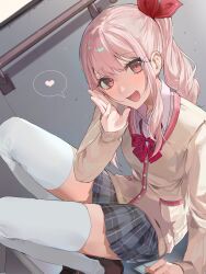  1other :d akiyama_mizuki arm_support blush bow bowtie brown_shoes cardigan collared_shirt commentary_request diagonal-striped_bow diagonal-striped_bowtie diagonal-striped_clothes dress_shirt hair_ribbon hand_up handrail heart highres kamiyama_high_school_uniform_(project_sekai) loafers long_hair long_sidelocks long_sleeves looking_at_viewer open_mouth pink_bow pink_bowtie pink_eyes pink_hair pink_shirt plaid_clothes plaid_skirt pleated_skirt pocket project_sekai red_ribbon ribbon school_uniform shirt shoes side_ponytail sidelocks sitting skirt smile solo spoken_heart striped_bow striped_bowtie striped_clothes thigh-highs u1_msd white_thighhighs wing_collar yellow_cardigan zettai_ryouiki 