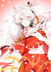  1boy ahoge animal_ears black_hair blush branch cherry_blossoms colored_extremities colored_eyelashes commentary dog_boy dog_ears eyeshadow falling_petals fate/grand_order fate_(series) feather_boa fingernails flower gradient_background gradient_hair hair_between_eyes hair_branch hair_ornament hanasaka_no_okina_(fate) hayate_fuunn highres holding holding_branch japanese_clothes kimono long_hair_between_eyes long_sleeves looking_at_viewer makeup male_focus mole mole_under_eye multicolored_hair multiple_moles orange_background parted_lips petals pink_flower pink_petals red_eyes red_eyeshadow red_sash sash sharp_fingernails short_hair signature smile solo tassel tassel_hair_ornament upper_body white_background white_eyelashes white_hair white_kimono wide_sleeves 