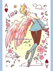  1girl ace_(playing_card) ace_of_hearts aqua_boots aqua_dress aqua_hair black_pantyhose blonde_hair blue_eyes boots breath_of_fire breath_of_fire_iv bug butterfly capelet card character_name closed_mouth commentary_request dated dress feathered_wings flower full_body heart highres looking_at_viewer looking_back maruno nina_(breath_of_fire_iv) pantyhose pink_flower pink_wings playing_card short_hair smile solo white_capelet wings 