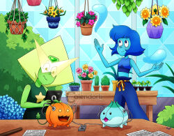  2girls :3 artist_name blonde_hair blue_eyes blue_hair blue_pants blue_shirt bud cactus cactus_steven character_request closed_mouth commentary crack creature crop_top cropped_shirt electrodes english_commentary flower flower_pot forehead_jewel gem gem_(steven_universe) green_gem hanging_plant highres holding holding_tablet_pc hydrokinesis lapis_lazuli_(reformed)_(steven_universe) lapis_lazuli_(steven_universe) leaf midriff multiple_girls open_mouth pants paper peridot_(reformed)_(steven_universe) peridot_(steven_universe) pink_flower plant potted_plant pumpkin pumpkin_(steven_universe) sentient_plant shirt short_hair sleeveless sleeveless_shirt smile solid_circle_eyes standing star_(symbol) star_print steven_universe steven_universe_future table tablet_pc thecalendork tinted_eyewear water watermark wooden_table yellow-tinted_eyewear yellow_flower 
