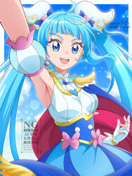  1girl arm_up armpits blue_cape blue_dress blue_eyes blue_hair blue_sky bow brooch cape clouds cloudy_sky commentary cowboy_shot cure_sky cut_bangs dated day detached_sleeves dress dress_bow earclip earrings fingerless_gloves foreshortening fringe_trim gloves hair_ornament hanzou highres hirogaru_sky!_precure jewelry light_particles long_hair looking_at_viewer magical_girl medium_dress multicolored_hair open_mouth outdoors pink_bow pink_hair precure puffy_detached_sleeves puffy_sleeves red_cape single_earring single_sidelock sky sleeveless sleeveless_dress smile solo sora_harewataru standing streaked_hair twintails twitter_username two-sided_cape two-sided_fabric two-tone_dress two-tone_hair very_long_hair watermark white_dress white_gloves wing_brooch wing_hair_ornament 