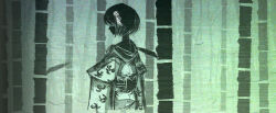  1girl bamboo bamboo_forest commentary_request cowboy_shot facing_ahead forest from_side green_background green_theme hieda_no_akyuu japanese_clothes kimono monochrome nature obi sash short_hair solo touhou yoshioka_yoshiko 