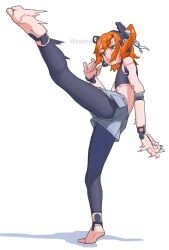  1girl a.i._voice adachi_rei android barefoot black_leggings fighting_stance full_body grey_shorts grey_skirt headset highres joints kanbaru_mitsuki kicking leggings orange_eyes orange_hair robot_joints shorts skirt standing variant_set 