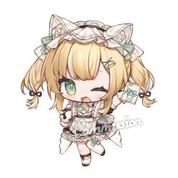  1girl :d animal_ears apron arm_up asymmetrical_legwear black_shoes blonde_hair bloomers blush chibi chibi_only chinese_commentary commentary_request commission fake_animal_ears full_body gloves green_eyes hair_ornament hairclip hand_up holding holding_pen legwear_garter long_sidelocks looking_at_viewer maid maid_apron maid_headdress miyayoki one_eye_closed open_mouth original pen shoes short_twintails sidelocks single_legwear_garter smile socks standing standing_on_one_leg thigh-highs twintails watermark white_background white_gloves white_socks white_thighhighs x_hair_ornament 