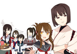  6+girls ^_^ akagi_(kancolle) anchor_symbol black_hair blue_sailor_collar blush brown_eyes brown_hair bucket closed_eyes commentary_request crossed_arms dirty dirty_clothes dirty_face flying_sweatdrops folded_ponytail fubuki_(kancolle) gloves headgear hyuuga_(kancolle) inazuma_(kancolle) japanese_clothes kantai_collection long_hair looking_at_viewer maya_(kancolle) multiple_girls muneate nachi_(kancolle) neckerchief open_mouth orange_eyes partially_fingerless_gloves ponytail ribbon-trimmed_sleeves ribbon_trim rubber_duck sailor_collar school_uniform serafuku side_ponytail sidelocks simple_background skirt smoke tasuki waving white_background white_sailor_collar wooden_bucket yomosaka yugake 