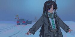  1girl absurdres ahoge awa_subaru black_hair blue_car breath car coat commentary crossbuck fog girls_band_cry green_necktie green_scarf grey_coat grey_skirt highres long_hair long_sleeves motor_vehicle necktie open_mouth outdoors pilot_webber plaid_clothes plaid_skirt railroad_crossing road_sign scarf shirt sign skirt snow solo subaru_impreza toggles upper_body very_long_hair violet_eyes white_shirt winter_clothes 