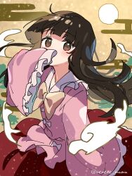  1girl blush bow bowtie brown_eyes brown_hair collared_shirt commentary_request egasumi frilled_shirt_collar frilled_skirt frilled_sleeves frills highres houraisan_kaguya long_hair long_skirt long_sleeves looking_at_viewer nene_man one-hour_drawing_challenge pink_shirt red_skirt shirt skirt sleeves_past_fingers sleeves_past_wrists solo touhou twitter_username very_long_hair wide_sleeves yellow_bow yellow_bowtie 