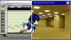  1boy backrooms_(creepypasta) black_eyes blue_hair blue_scarf ceiling ceiling_light closed_mouth commentary_request expressionless highres indoors instrument kainao2006 kaito_(vocaloid) keyboard_(instrument) liminal_space male_focus scarf short_hair solo spanish_commentary tile_ceiling tiles upper_body vocaloid vocaloid_editor window_(computing) 