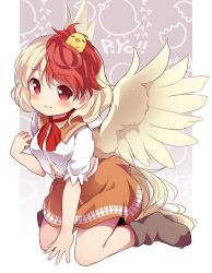  1girl animal_on_head baby_animal baku-p bird blonde_hair boots brown_boots chick closed_mouth commentary_request feathered_wings full_body highres kneeling looking_at_viewer multicolored_hair neckerchief niwatari_kutaka on_head orange_skirt puffy_short_sleeves puffy_sleeves red_eyes red_hair red_neckerchief shirt short_hair short_sleeves skirt smile solo touhou two-tone_hair white_shirt wings yellow_wings 