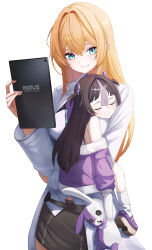  absurdres black_hair black_skirt blue_eyes child coat commentary_request goddess_of_victory:_nikke highres holding holding_stuffed_toy holding_tablet_pc jacket long_hair long_sleeves looking_at_another maxwell_(nikke) maxwell_(ordinary_mechanic)_(chief_researcher)_(nikke) open_clothes open_mouth orange_hair purple_hair purple_jacket ryungu skirt sleeping stuffed_toy syuen_(nikke) syuen_(young)_(nikke) tablet_pc white_coat 
