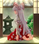  barefoot bow fujiwara_no_mokou hair_bow highres long_hair miyo_(ranthath) pants profile red_eyes solo touhou white_hair 