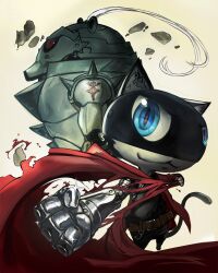  2boys animal_ears armor automail belt black_shirt blue_eyes cat_boy cat_ears cat_tail chapinor clenched_hand coat commentary crossover derivative_work english_commentary fullmetal_alchemist fullmetal_alchemist_(2003) highres kuma_(persona_4) looking_at_viewer morgana_(persona_5) multiple_boys persona persona_4 persona_5 prosthesis prosthetic_arm red_coat red_eyes rock shirt simple_background sparkle tail torn_clothes 