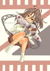  1girl absurdres aircraft airplane blush bomber brown_eyes brown_hair commentary_request d3a dive_bomber grey_hair hachimaki hair_between_eyes hair_ribbon hakama hakama_shorts headband high_ponytail highres hugging_doll hugging_object japanese_clothes kantai_collection long_hair long_sleeves looking_at_viewer military_vehicle muneate ponytail pot-de ribbon shorts skirt smile socks solo tabi white_background white_socks zuihou_(kancolle) 