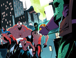  animal_print ben_reilly bodysuit building city george_kambadais gloves green_goblin highres hood hooded_bodysuit hoodie kaine_parker male_focus marvel mask multicolored_bodysuit multiple_boys muscular muscular_male night outdoors peter_parker print_bodysuit red_bodysuit scarlet_spider sky spider-man spider-man_(original_suit) spider-man_(series) spider-man_logo spider_print spider_web_print spidercide star_(sky) superhero_costume torn_clothes torn_hoodie two-tone_bodysuit web_shooter western_comics_(style) 