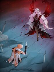  1boy 1girl absurdres aether_(genshin_impact) armor black_bodysuit black_dress black_gloves black_pants blonde_hair bodysuit braid braided_ponytail cape commentary defeat doraippa dress elbow_gloves english_commentary genshin_impact gloves hair_intakes highres holding holding_sword holding_weapon kneeling long_hair long_sleeves pants planted planted_sword ronova_(genshin_impact) shoulder_armor single_braid sword vambraces weapon white_cape white_hair 