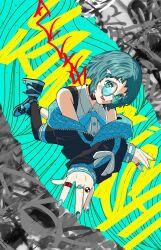  1girl aqua_eyes aqua_hair aqua_nails bare_shoulders black_choker black_thighhighs choker glasses highres jacket long_sleeves looking_at_viewer may_(may_lee8) multicolored_shoes persona persona_3 shirt shoes short_hair sneakers solo thigh-highs tongue tongue_out two-tone_shoes white_shirt yamagishi_fuuka 