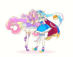  2girls ahoge akechi_anna ankle_boots back_bow bird blue_boots blue_cape blue_dress blue_eyes blue_hair boots bow bowtie brooch cape capelet closed_mouth commentary cure_answer cure_sky cut_bangs detached_sleeves double_bun dress dress_bow earrings fairy_(precure) fingerless_gloves frilled_dress frills fringe_trim gloves gradient_hair hair_bun hair_intakes hair_ornament hand_in_own_hair heart heart_brooch heel_up highres hirogaru_sky!_precure holding_hands impossible_hair in-franchise_crossover interlocked_fingers jewelry large_bow long_hair looking_at_viewer magical_girl medium_dress medium_hair meitantei_precure! multicolored_hair multiple_girls notice_lines open_mouth pact_holder parted_bangs pink_bow pink_hair pochi-tan precure puffy_detached_sleeves puffy_sleeves purple_bow purple_bowtie purple_capelet purple_dress purple_hair red_cape simple_background single_sidelock sleeveless sleeveless_dress smile sora_harewataru standing standing_on_one_leg streaked_hair thigh-highs twintails two-sided_cape two-sided_fabric two-tone_dress two-tone_hair very_long_hair waving white_background white_dress white_gloves white_thighhighs wing_brooch wing_hair_ornament yellow_bow yuu13 yuunagi_tsubasa yuunagi_tsubasa_(bird) 