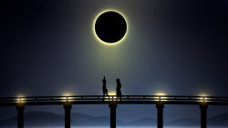  2girls absurdres bridge commentary_request eclipse endlesscat from_side highres maribel_hearn mountainous_horizon multiple_girls outdoors silhouette sky touhou usami_renko walking wide_shot 