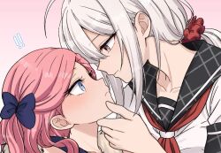  ! !! 2girls ahoge blue_bow blue_eyes bow brown_eyes danganronpa_another hair_between_eyes hair_bow hair_ornament hair_scrunchie hand_on_another's_chin highres kabuya_yoruko kocho_1229 long_hair looking_at_another low_ponytail multiple_girls open_mouth pink_background pink_hair ponytail red_scrunchie sailor_collar school_uniform scrunchie serafuku shirt side_ponytail simple_background smile sora_(super_danganronpa_another_2) super_danganronpa_another_2 swept_bangs white_hair white_shirt yuri 