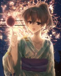  1girl :d black_hair blue_eyes candy_apple commentary_request festival fireworks food green_kimono hair_between_eyes hair_up hand_up highres holding holding_candy_apple holding_food japanese_clothes kimono knifecut long_hair looking_at_viewer obi ponytail saionji_sekai sash school_days smile solo yukata 