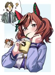  1boy 3girls akaboshikakeru animal_ears brown_hair commentary_request cup drinking drinking_straw drinking_straw_in_mouth ear_covers grey_eyes highres holding holding_cup horse_ears horse_girl kiss long_sleeves meisho_doto_(umamusume) meme multicolored_hair multiple_girls nice_nature_(umamusume) school_uniform short_hair t-head_trainer_(umamusume) t.m._opera_o_(umamusume) tracen_school_uniform trainer_(umamusume) twintails two-tone_hair umamusume yoshi_and_toad_kissing_(meme) yuri 