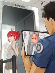  1boy ? ?? absurdres ahoge airport_security black_hair closed_mouth commentary drill_hair english_commentary english_text grey_skirt hands_up highres kasane_teto kasane_teto_(utau) liamickpie nervous_sweating pearto red_eyes red_hair shirt short_sleeves skirt sweat tablet_pc twin_drills utau x-ray x-ray_machine 