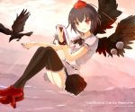  :d arctic bird black_hair black_legwear black_wings crow dated feathered_wings geta hat holding notepad open_mouth pen red_eyes shameimaru_aya short_hair smile solo thigh-highs thighhighs tokin_hat touhou wings 