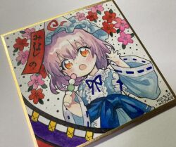  1girl :o blue_hat blue_kimono blue_ribbon blue_sash commentary_request dango dated flower food hat highres holding holding_food holding_skewer japanese_clothes kimono long_sleeves mob_cap mosho neck_ribbon obi open_mouth pink_flower pink_hair red_eyes red_flower ribbon ribbon-trimmed_sleeves ribbon_trim saigyouji_yuyuko sanshoku_dango sash shikishi short_hair skewer solo touhou traditional_media triangular_headpiece wagashi wide_sleeves 